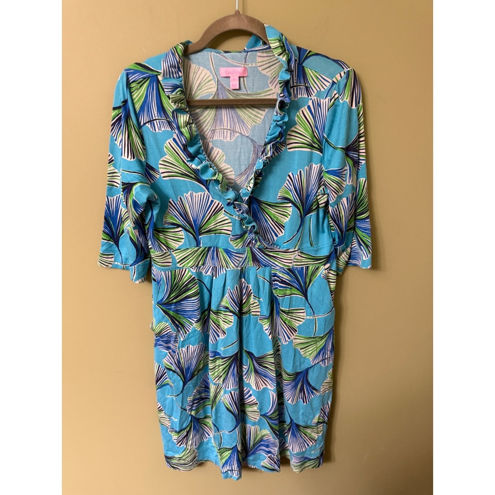 Lilly Pulitzer Silk Cotton Ruffle V-Neck Dress Blue Green Ginkgo Leaf Print L